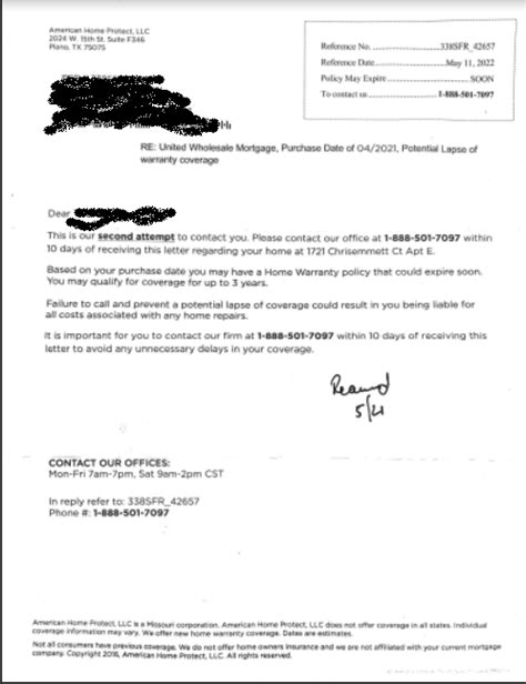 fenix protect scam|extended warranty letter